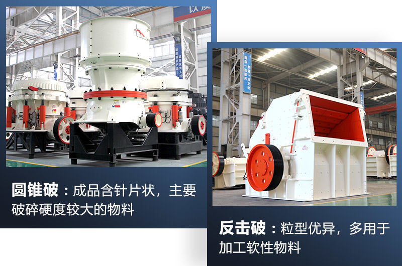 圓錐破/反擊破都屬于中細碎機，可根據(jù)生產(chǎn)需求選擇